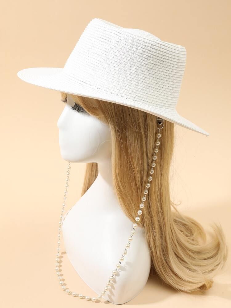 Faux Pearl Chain Decor Straw Hat | SHEIN