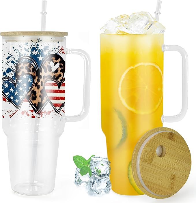 FECBK 40 oz Glass Tumbler with Handle 2 Pack Sublimation Glass Cups Blanks with Bamboo Lid and St... | Amazon (US)