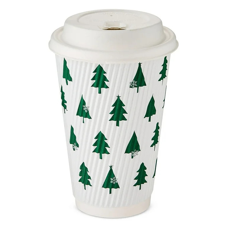 Christmas Tree Paper Coffee Cups with Plastic Lids, Green and White, 16 oz, 6 Count, by Holiday T... | Walmart (US)