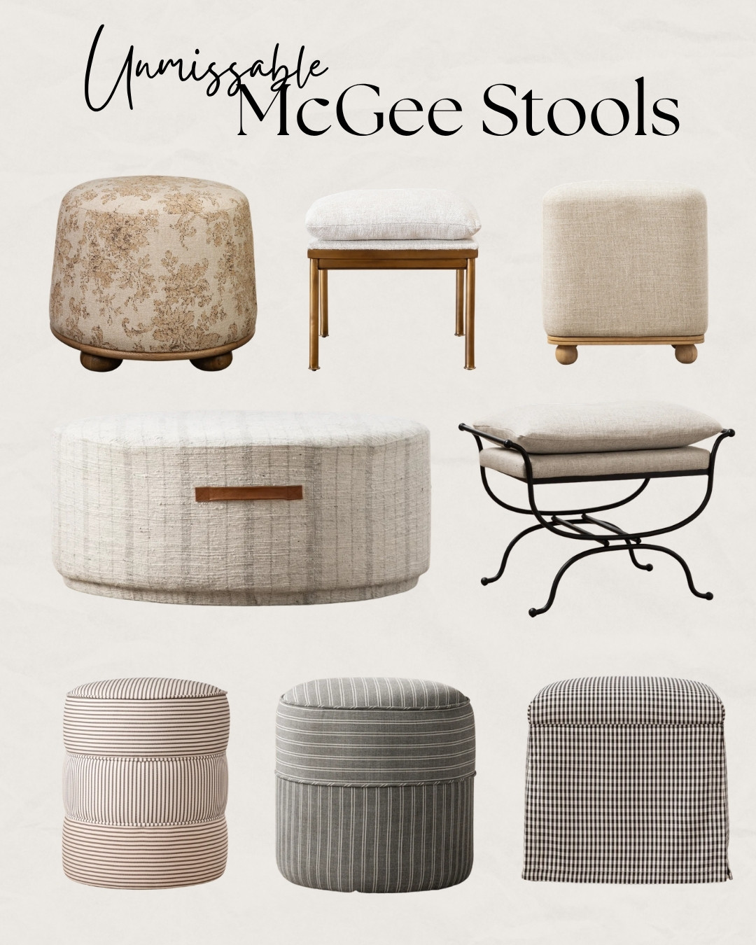 McGee Stools, Ottomans & Poufs for Modern Organic Home, Ottomans for Transitional Home, McGee Furniture, McGee Ottomans, Ottomans for Modern Home, Cozy Home, Neutral Home

#mcgee #mcgeefurniture #stools #cozyhome #neutralhome #cozyinteriors #homedecor #designinspo #designinspiration 

 #LTKHome #LTKSaleAlert