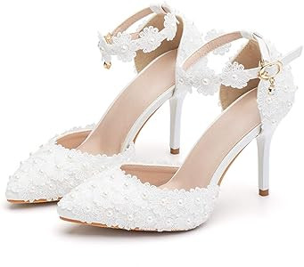 Dress First Women's High Heel Pumps Closed Toe Sandals with Floral Lace Pearls Strap Stiletto Bri... | Amazon (US)