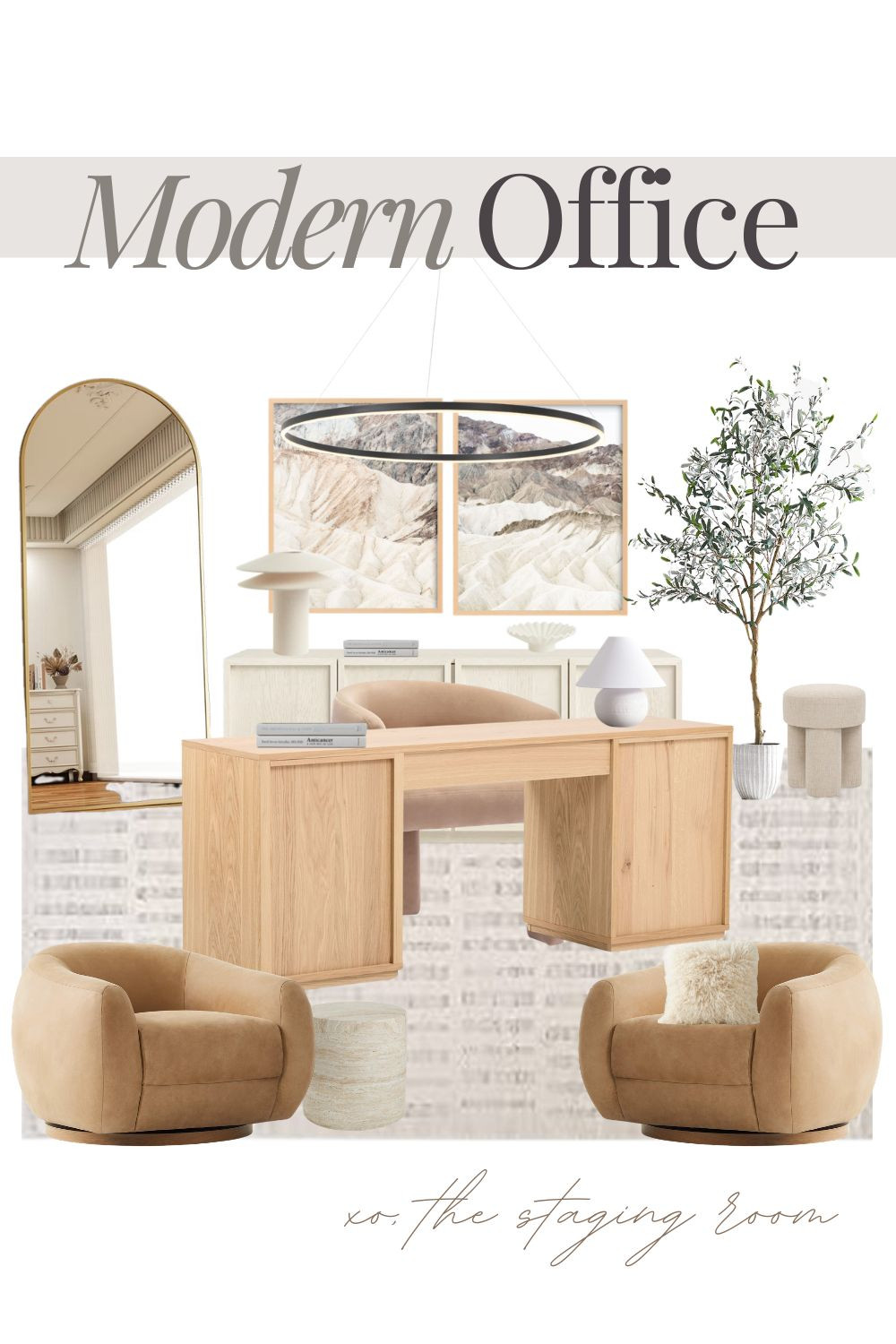 Elevate your workspace with a modern office design that balances professional function with a quiet luxury aesthetic. 

This curated mood board features evergreen staples like a light oak executive desk and a sophisticated arched floor mirror to open up the room.

Creating an organic modern feel is easy with the addition of a faux olive tree and warm, tan swivel armchairs for a comfortable client seating area. The look is finished with a minimalist halo pendant light, sculptural mushroom desk lamps, and a sleek white sideboard for hidden storage. These neutral, high-end pieces are perfect for achieving a polished, editorial home office.#homeoffice #organicmodern  

 

#LTKhome #LTKsale #LTKhome