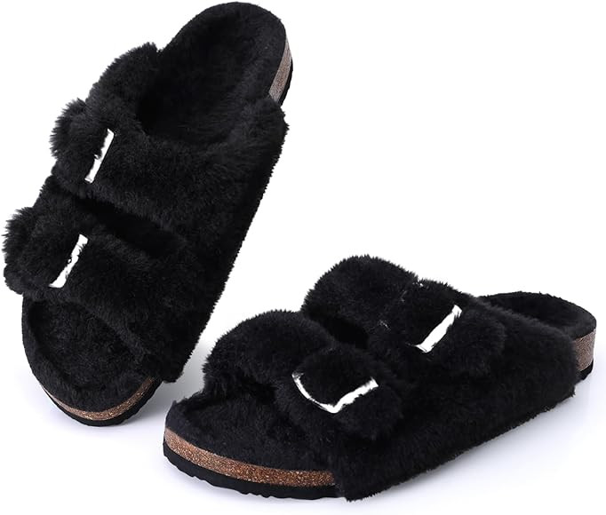 KIDMI Fuzzy Slippers Women with Cork Footbed Fluffy Slide Sandals Open Toe Indoor House Shoes | Arch | Amazon (US)