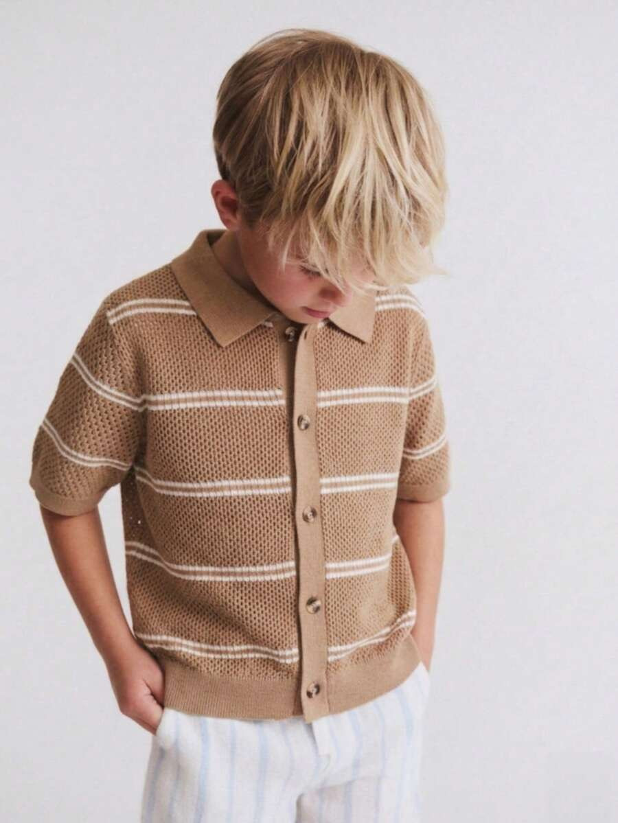 Boys' Casual Striped Hollow Out Collar Short Sleeve Thin Knit Sweater, Suitable For School, Daily Wear In Spring, Summer And Autumn | SHEIN