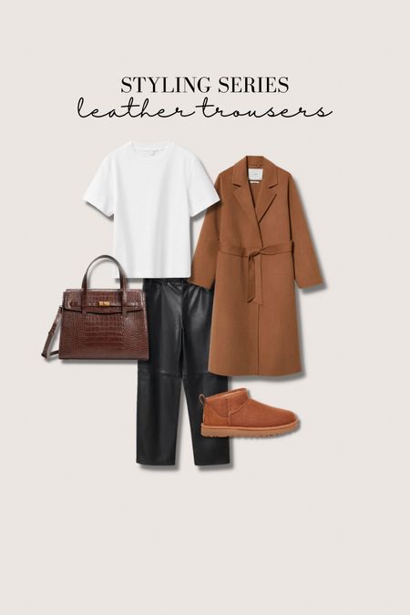Styling leather trousers - comfy camel, white & black look. White t shirt from cos, camel belted coat from mango, Ugg ultra mini boots & black chic handbag from mango  

#LTKstyletip #LTKshoecrush #LTKitbag