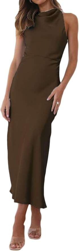 Halfisland Satin High Neck Backless Sleeveless Midi Dresses for Women Elegant Mock Neck High Wais... | Amazon (US)