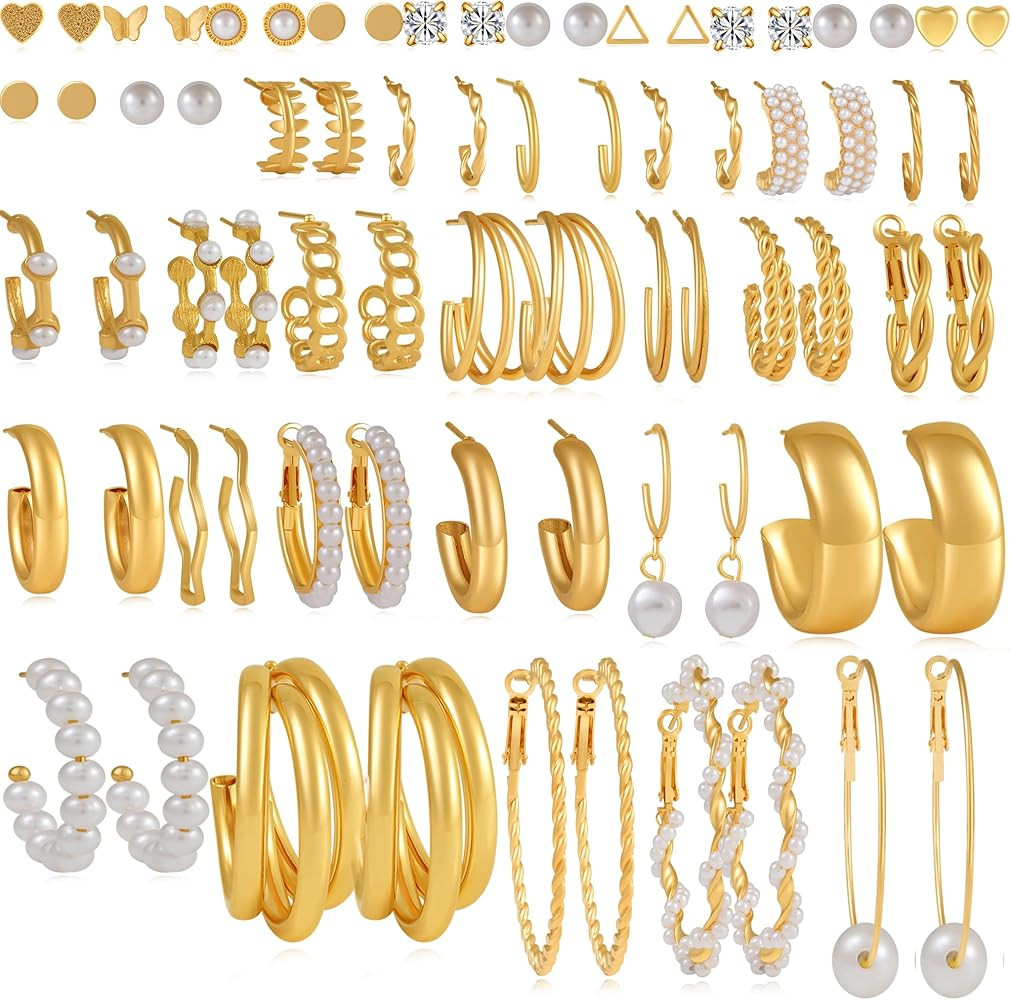 36 Pairs Gold Earrings Set for Women, Fashion Pearl Chain Link Stud Drop Dangle Earrings Multipac... | Amazon (US)