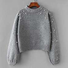 Faux Pearl Drop Shoulder Sweater | SHEIN