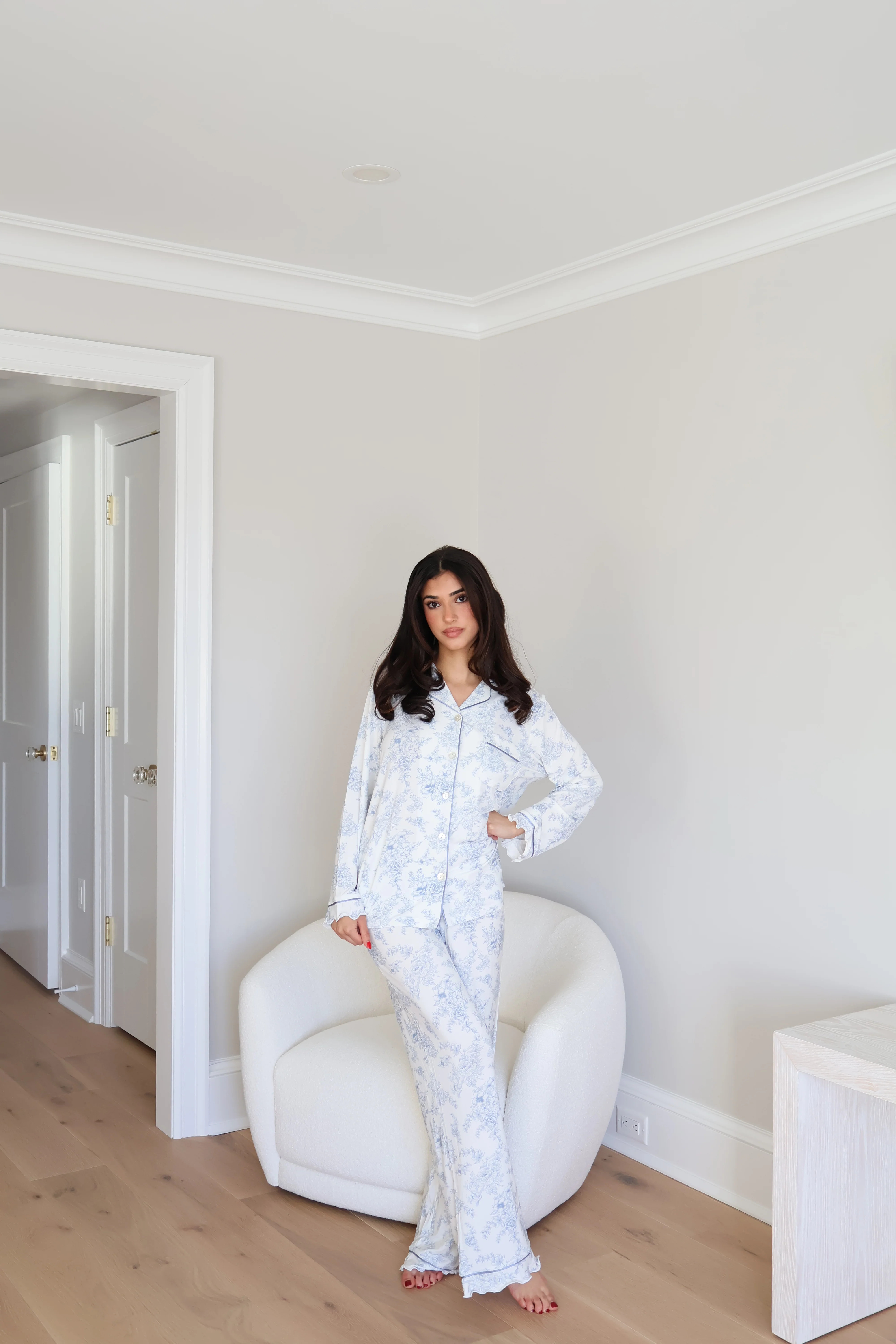 Ruffle Bamboo Pajama Pant Set in Blue Toile | waverles