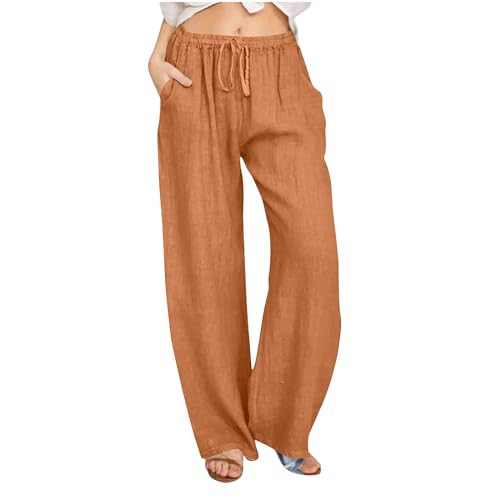 Generic Orange Linen Pants for Women, Today 2024, Womens Linen Pants 2024 Summer Wide Leg Trendy Casual Pants High Waist Drawstring Loose Fit Palazzo Trousers with Pockets C03-Orange,L, Large | Amazon (US)