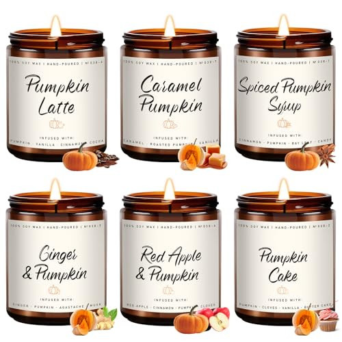 Auelife Fall Scented Candles - Pumpkin Candle Set of 6 | Ginger, Apple, Cake, Caramel, Latte & Spiced Pumpkin Soy Candles | Autumn Candle for Home Décor & Gifts for Women, Cozy Fall Aromatherapy | Amazon (US)