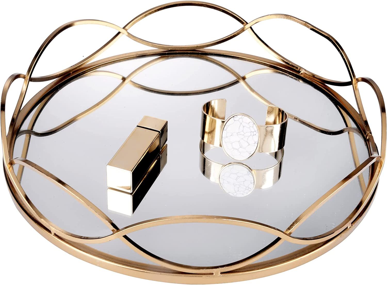 FUIN 12" Round Metal and Glass Mirror Perfume Tray, for Bathroom Makeup Vanity Jewelry, Gold | Amazon (US)