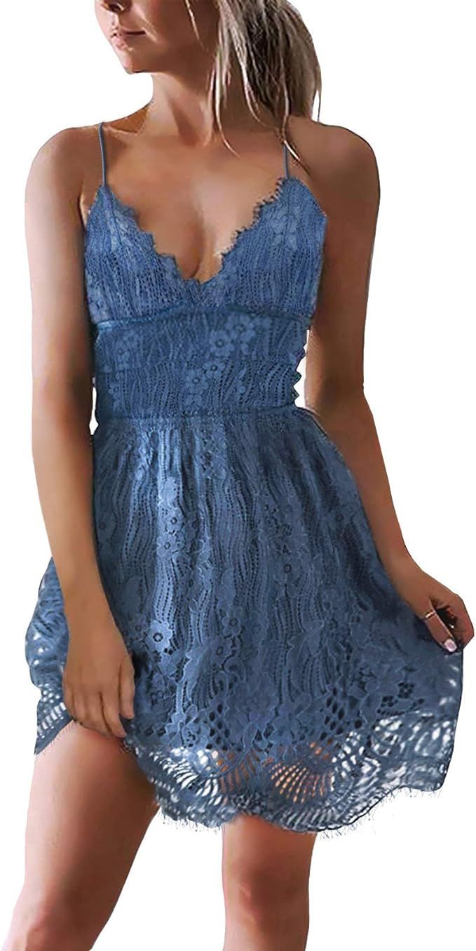 AOOKSMERY Women Summer V-Neck Spaghetti Straps Lace Backless Party Club Beach Mini Midi Dresses | Amazon (US)