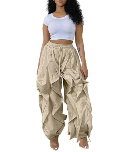 knowfashionstyle Cargo Pants for Women Baggy Loose Fit Y2K Casual Pant Drawstring Wide Leg Streetwear Sweatpants Khaki M | Amazon (US)