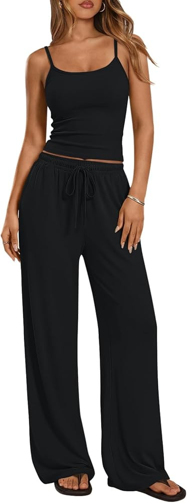 Trendy Queen Women's 2 Piece Lounge Set Spring Outfits - Camisole Top & Wide Leg Pants | Amazon (US)