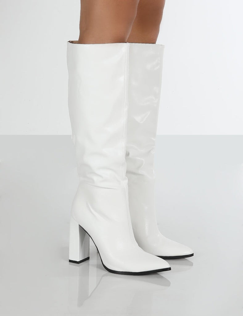 Posie Wide Fit White Pu Knee High Block Heel Boots | Public Desire (US & CA)