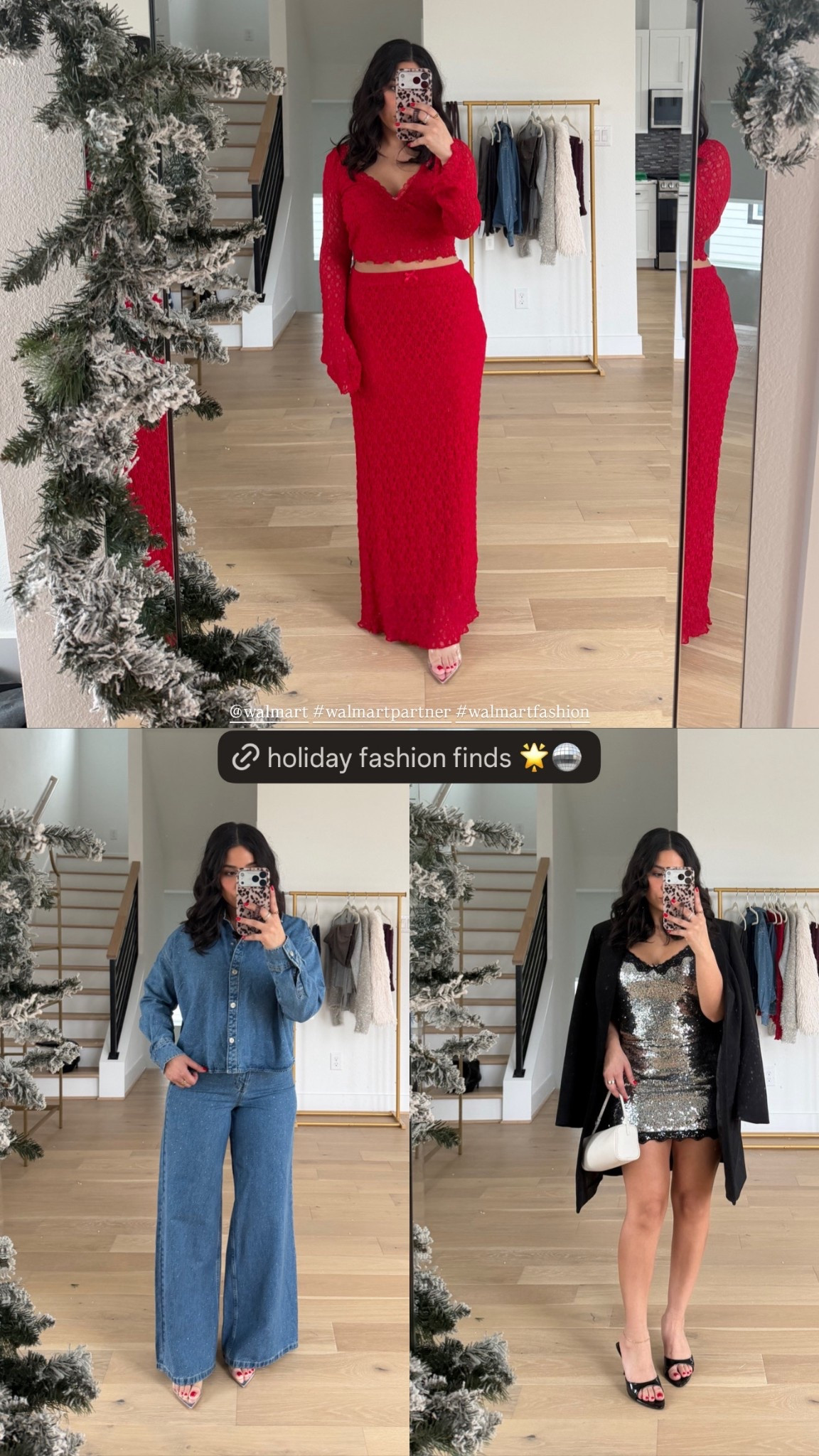 Red set: small 
Denim top: xs 
Sequin denim jeans: 0 
Sequin set: small 
Black coat: small 

#LTKootd #LTKFindsUnder50 #LTKHoliday