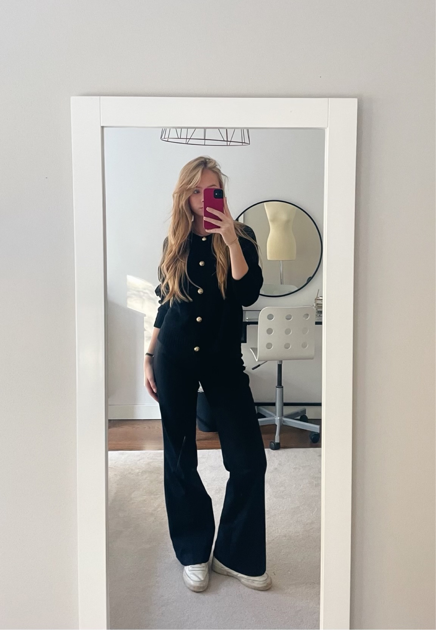 Crew neck cardigan, black knit cardigan gold buttons, tailored trousers, white Reebok trainers 

#LTKSeasonal #LTKstyletip #LTKeurope