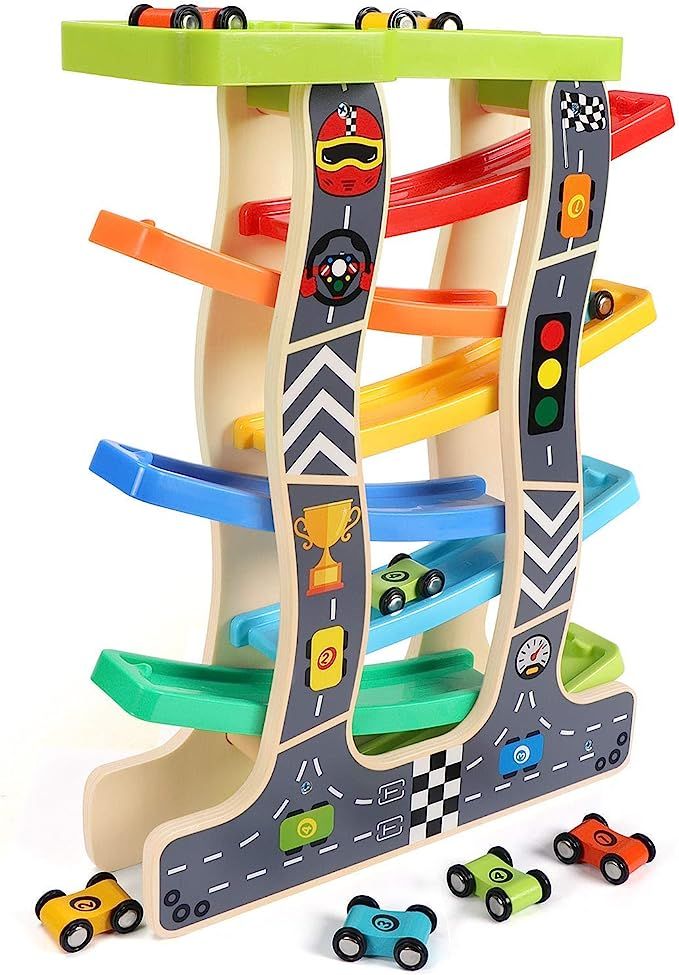 Lewo Toddler Toys Wooden Ramp Racer for Girls Boys Wood Race Track with 8 Mini Cars | Amazon (US)