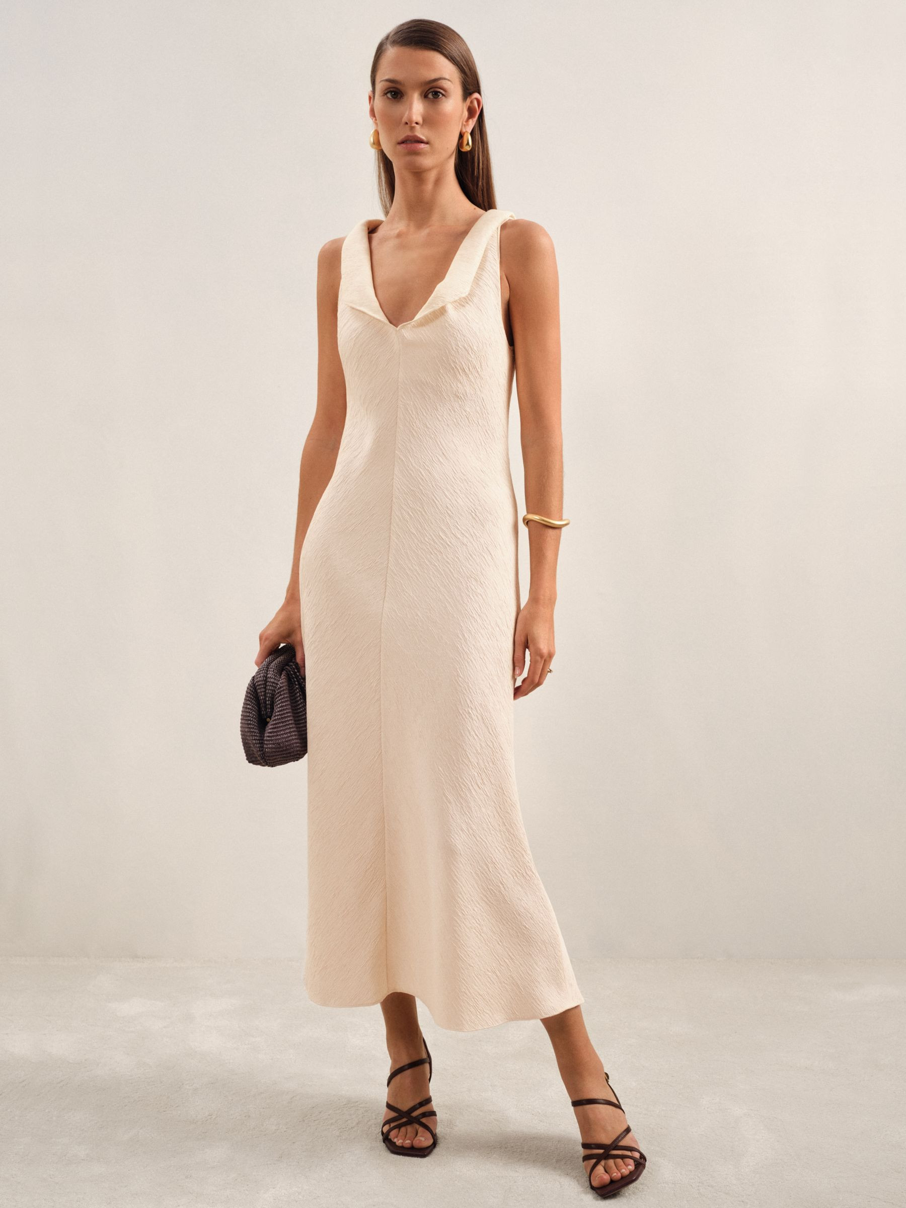 Reiss Textured Drape-Neck Midi Dress in Cream - REISS | Reiss UK