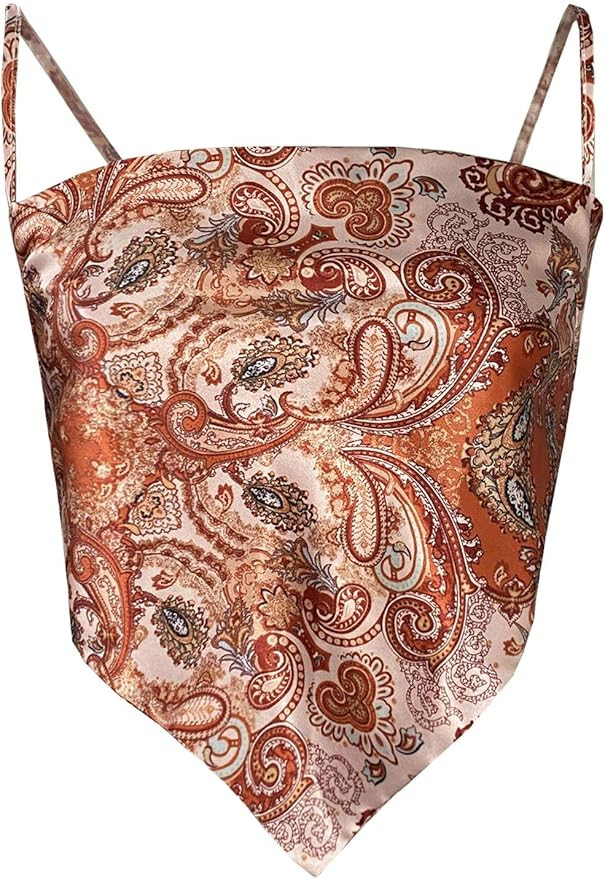 Women's French Hanky Hem Tie Back Ajustable Spaghetti Strap Satin Silk Camisole Bandana Crop Top | Amazon (US)