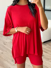 Novi Ribbed Tee + Shorts Set | Cherry | +Plus Available | | Talulah