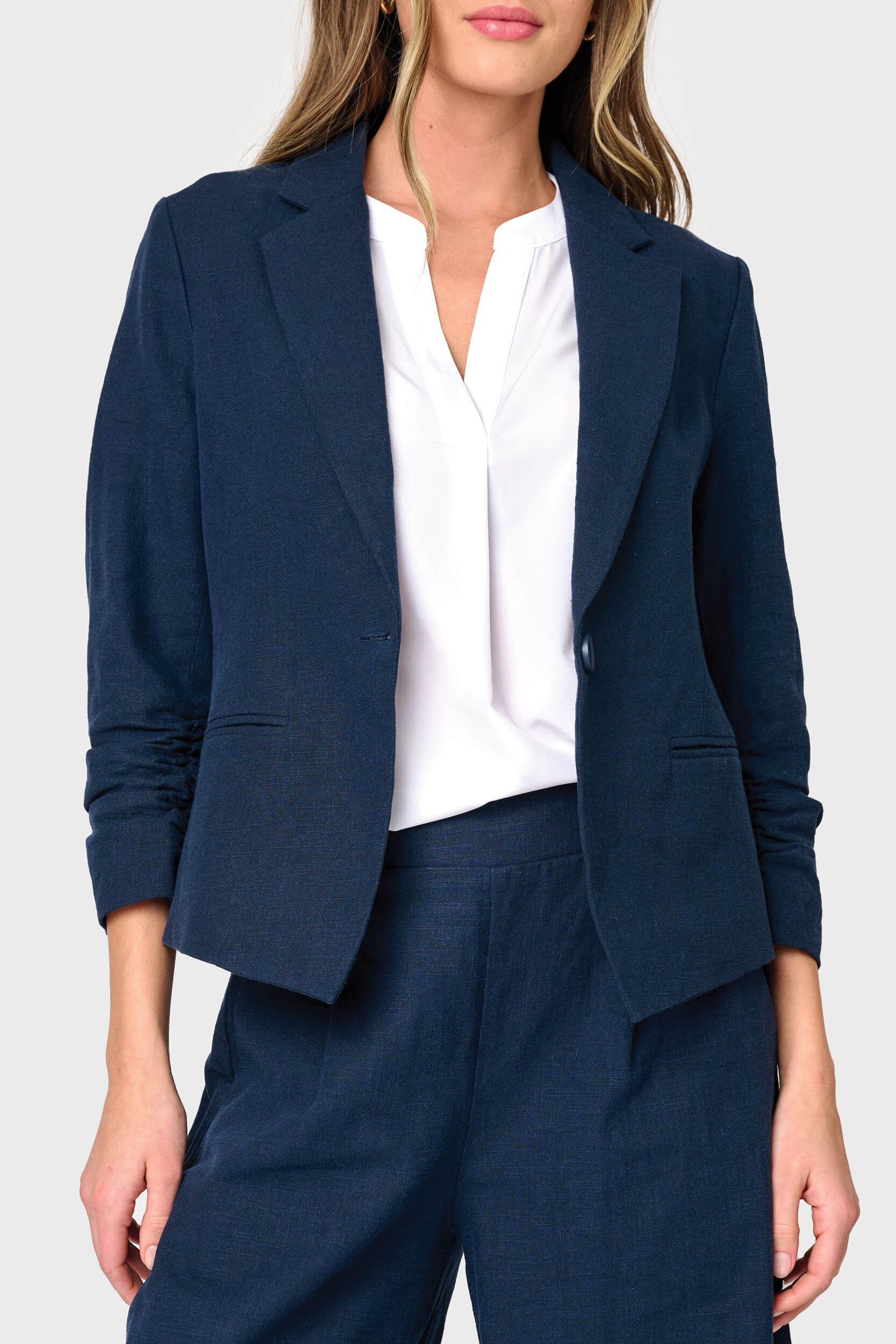 Notch Collar Linen Blazer with Rouched Sleeve | Gibson
