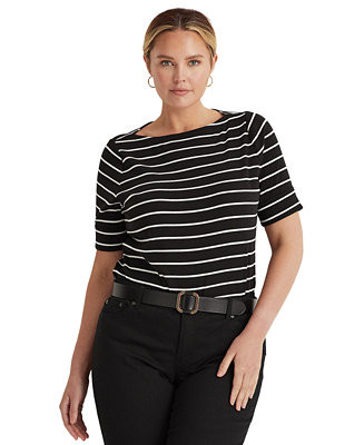 Lauren Ralph Lauren Plus Size Striped Cotton Boatneck T-Shirt  - Macy's | Macy's
