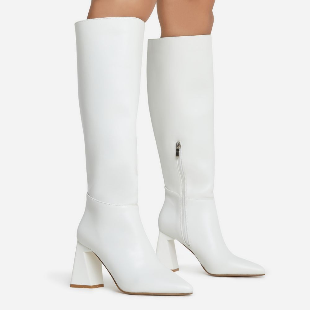 Chatterbox Pointed Toe Sculptured Block Heel Knee High Long Boot In White Faux Leather | EGO Shoes (US & Canada)