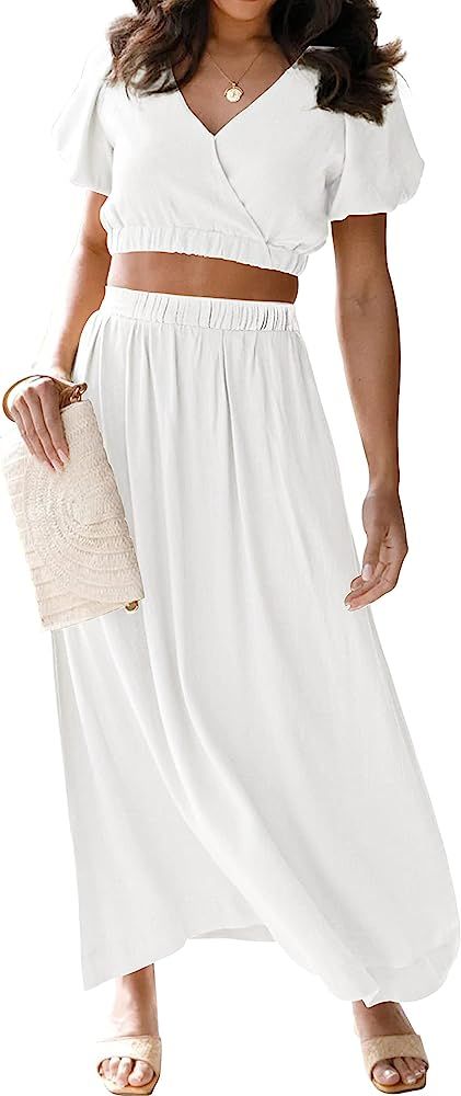 MEROKEETY Women's Summer Two Piece Outfits V Neck Puff Sleeve Crop Top and Flowy Maxi Skirt Set | Amazon (US)