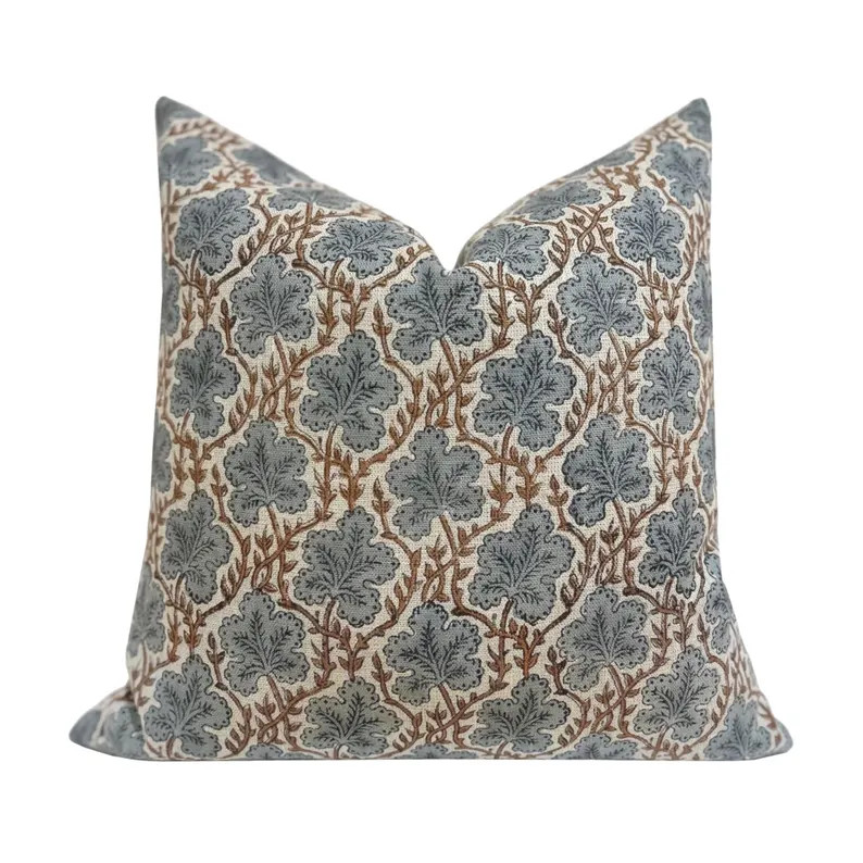 ELM || Designer Floral Linen Pillow Cover, Blue Floral Pillow Cover, Block Print Linen Pillow, La... | Etsy (US)
