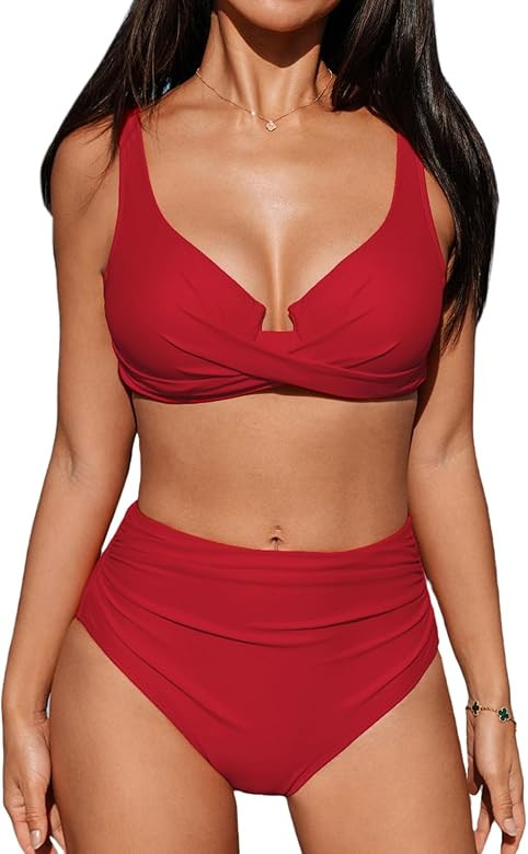 CUPSHE Women's Bikini Sets High Waisted Swimsuit Underwire Adjustable Straps Ruched Full Coverage... | Amazon (US)