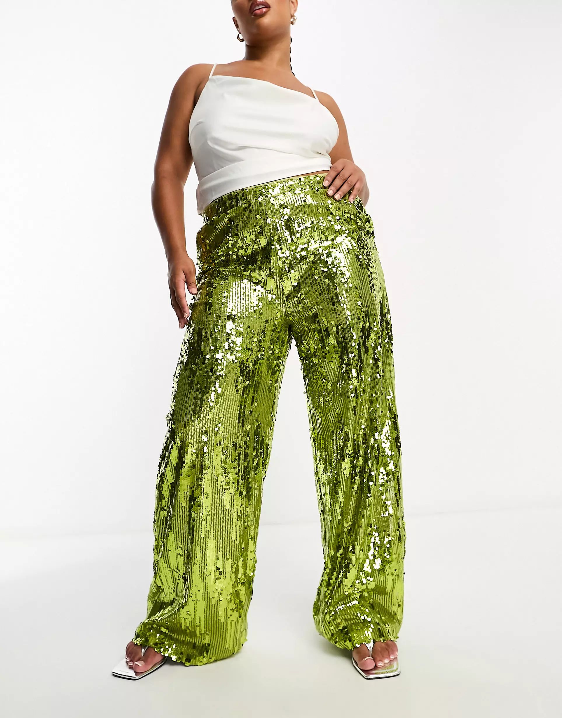 Extro & Vert Plus sequin flared pants in green | ASOS (Global)