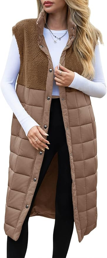 UMEKO Women's Long Puffer Vest Fleece Jacket Winter Button Down Sleeveless Coats | Amazon (US)