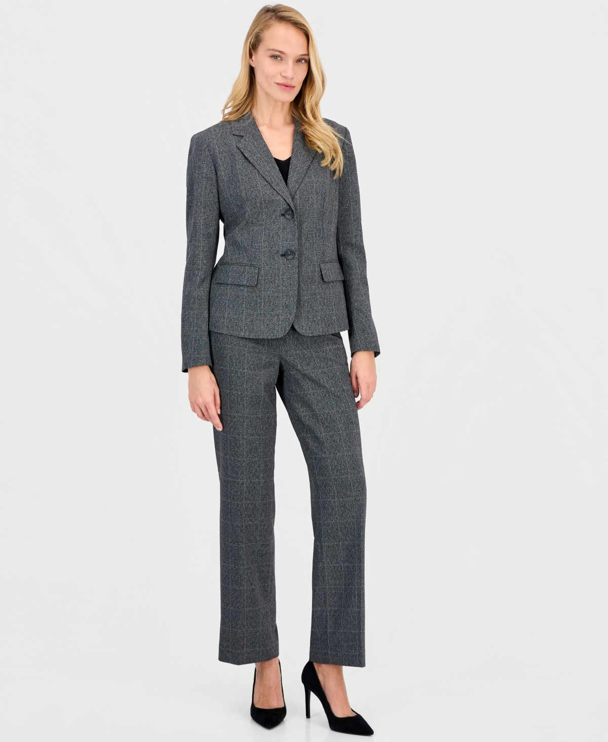 Le Suit Women's Notch-Lapel Mid-Rise Straight-Leg Pantsuit, Regular & Petites - Grey Multi | Macy's