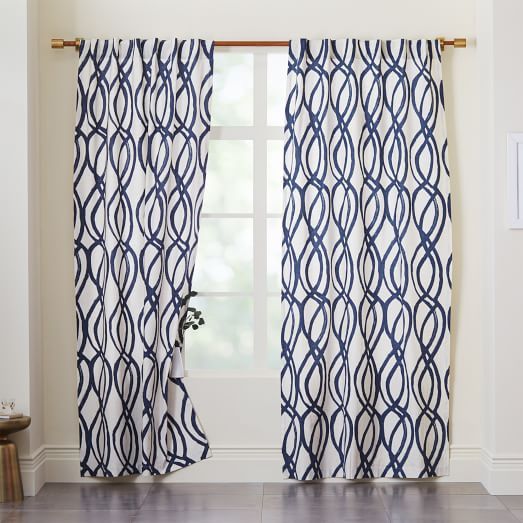Cotton Canvas Scribble Lattice Curtains (Set of 2) - Midnight Blue | West Elm (US)