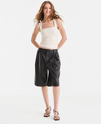 Women's Faux-Leather Pleated Bermuda Shorts | Macy's