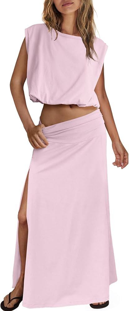 ReachMe Womens Summer Skirt Sets 2 Piece Travel Outfits Sleeveless Going Out Tops Maxi Dress Beac... | Amazon (US)