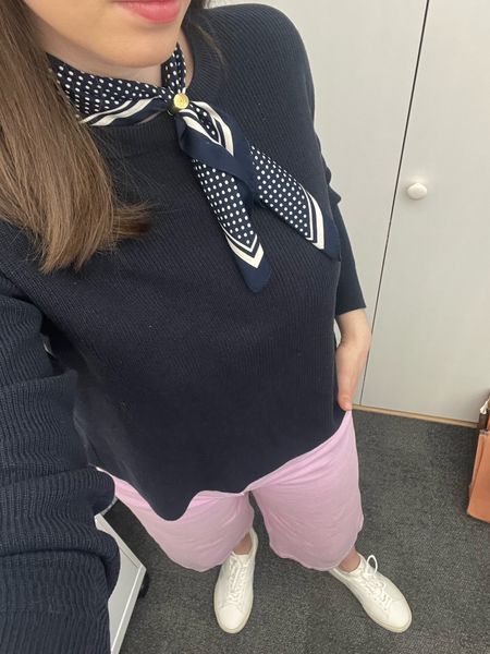 Spring workwear, spring office style, spring office outfit, business casual, casual Friday, office outfit, purple wide leg pants, wide leg pants, navy sweater, navy crew neck sweater, neck scarf, polka dot scarf, silk scarf, neckerchief, white leather sneakers, white tennis shoes, lawyer, attorney, business casual

#LTKworkwear #LTKstyletip #LTKSeasonal