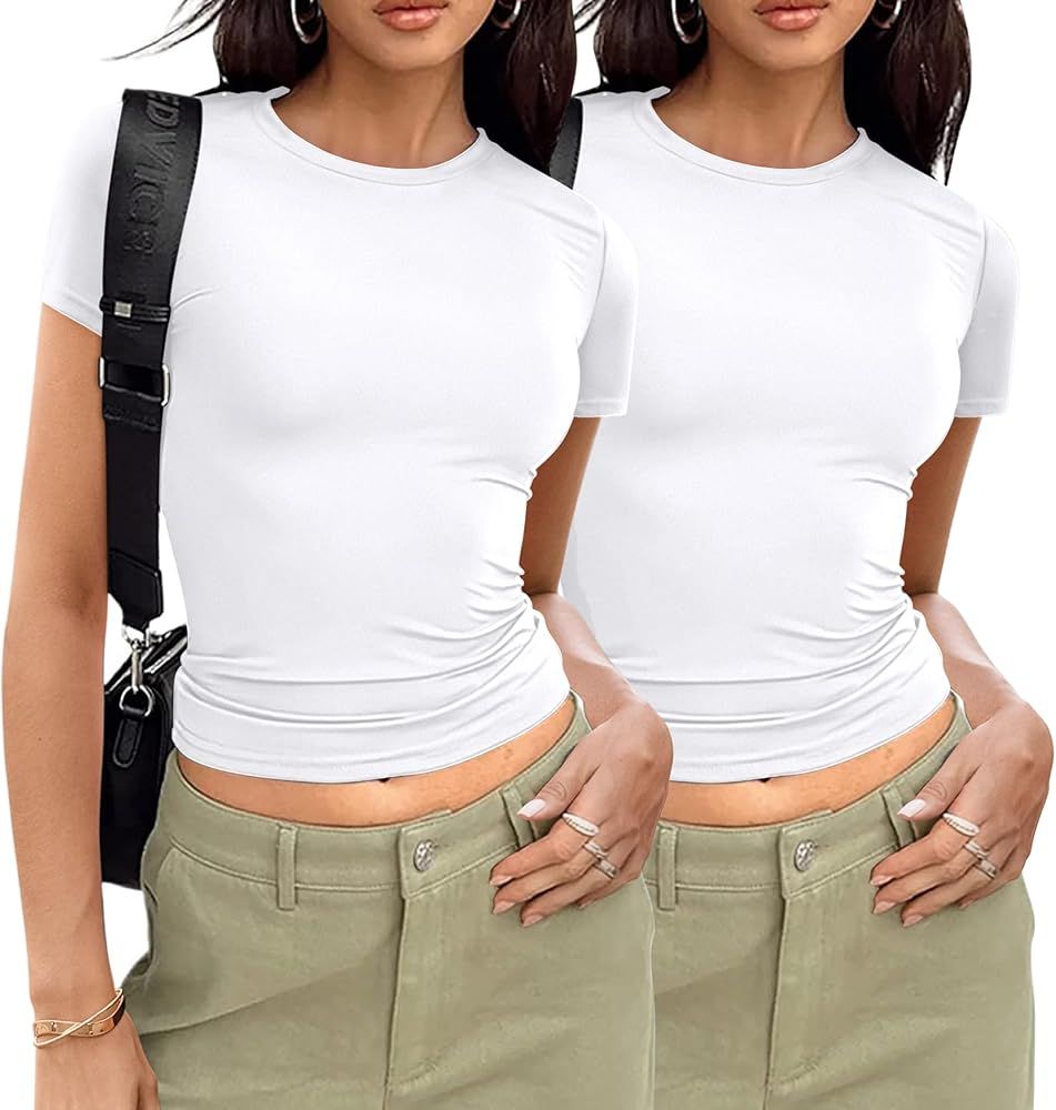 Zeagoo Women Short Sleeve Shirts Crewneck Slim Fitted Cute T Shirt Stretchy Bodycon Basic Tee Top... | Amazon (US)