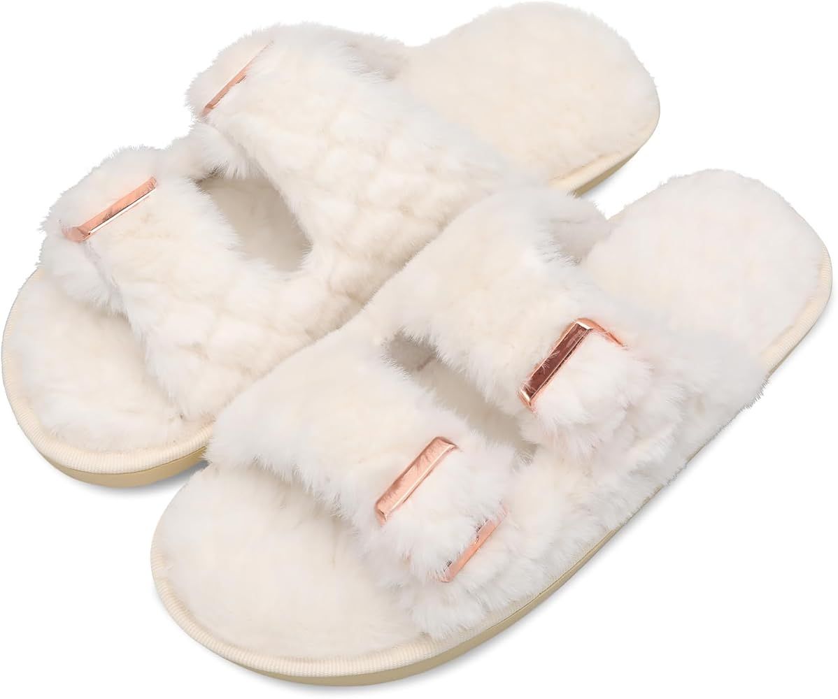 Besroad Womens Open Toe Fuzzy Fluffy House Slippers Cozy Memory Foam Bedroom Slippers Plush Slip ... | Amazon (US)