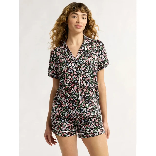 Joyspun Women’s and Women’s Plus Knit Notch Collar Top and Shorts Pajama Set, 2-Piece, Sizes ... | Walmart (US)