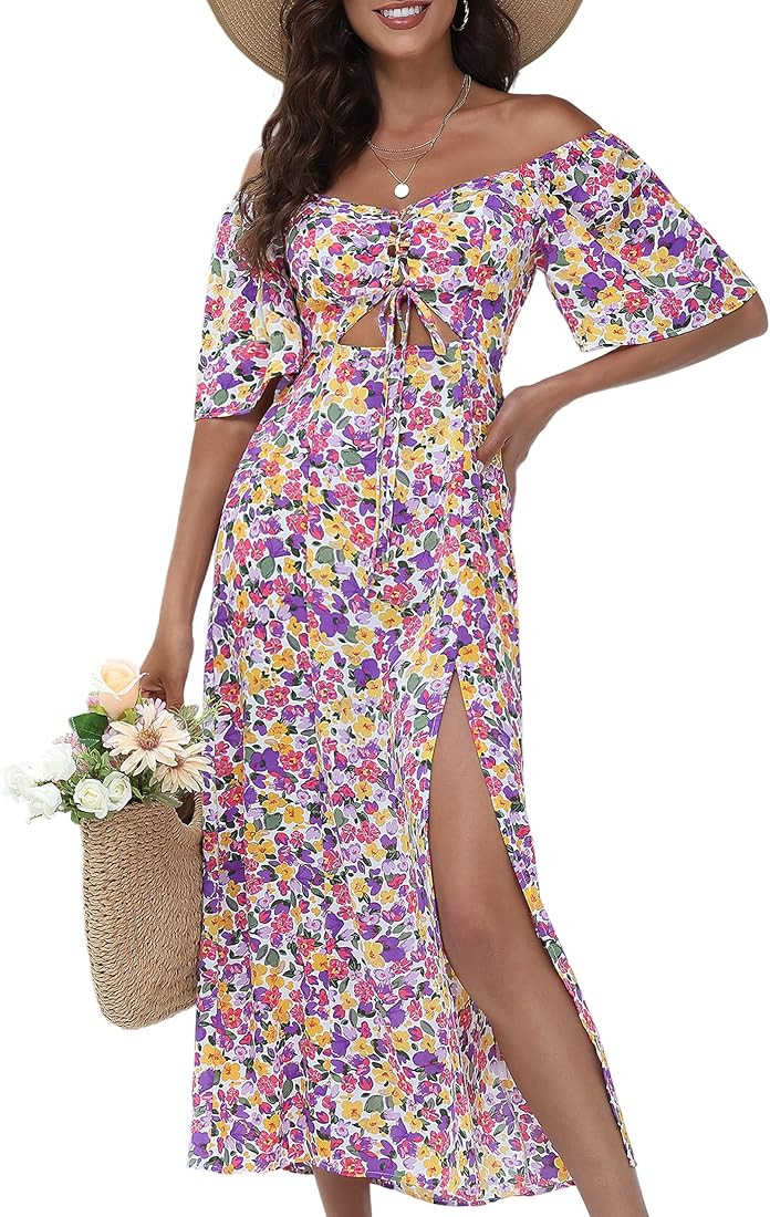 Summer Floral Midi Dress Women, Casual Boho Dress Short Sleeve A-line Square Neck Tie Front Cutou... | Amazon (US)