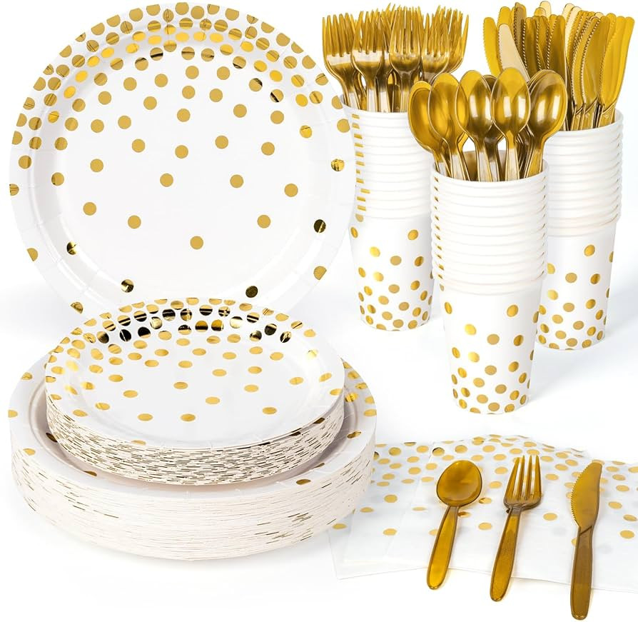 DECORLIFE 350PCS Gold Plates and Napkins Party Supplies for 50 Guests, White and Gold Paper Plate... | Amazon (US)
