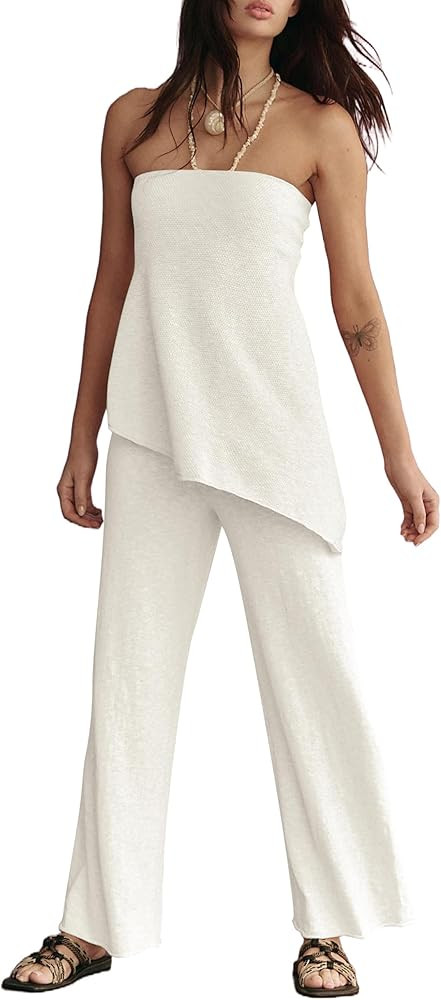 Women Summer Knit Sweater Sets Sexy Tube Top and Loose Pant Lounge Matching Set 2025 2 Piece Outf... | Amazon (US)