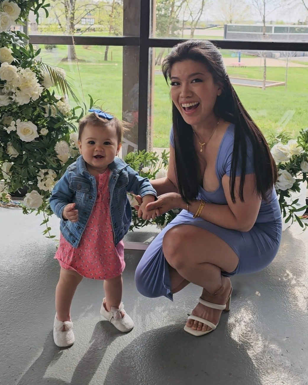 Baby Jean jacket, carters A-line dress, glitter ballet shoes, blue ribbon bow clip, mom midi dress with side slit, white double strap sandal heels 

#LTKgrwm #LTKootd #LTKBaby