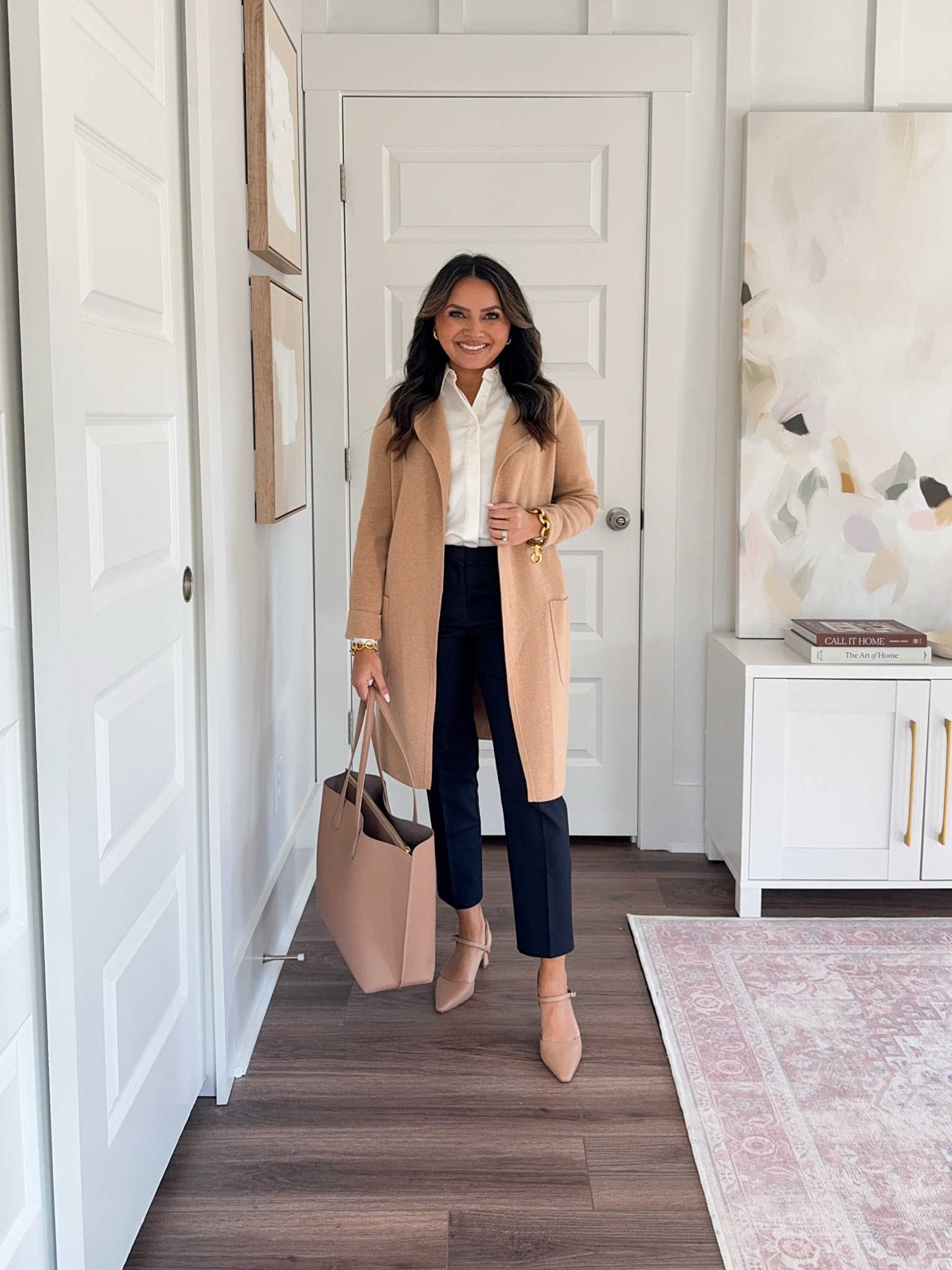 For reference: I’m a 32b bra size and 2/26 in bottoms, pear shaped. 

Collarless tan cardigan size xxs TTS
White button down size xxs petite TTS
Navy pants size 2 petite TTS
Tan heels size 5 TTS


#LTKWorkwear #LTKSaleAlert #LTKPetite