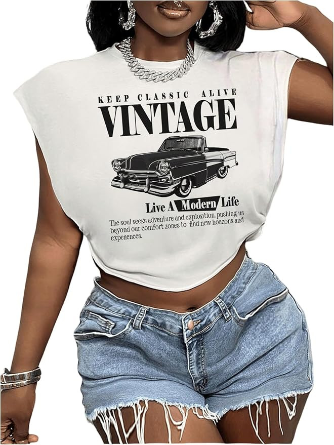 RoseSeek Women's Plus Size Letter Car Graphic Tees Short Sleeve Crew Neck Crop Tops Summer T Shir... | Amazon (US)