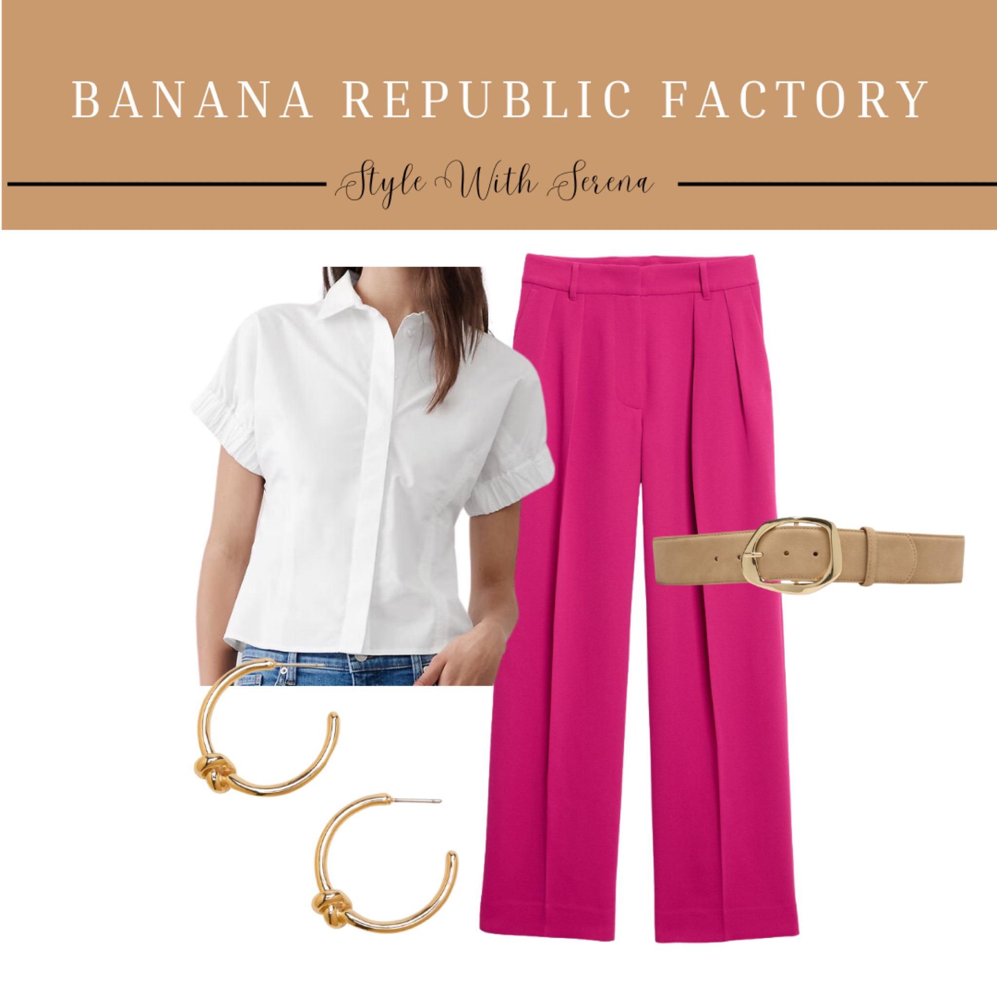 Banana Republic Factory outfit, pink pants, white blouse, spring outfit, work outfit, earrings, belt, work wear 

#LTKStyleTip #LTKOver40 #LTKWorkwear