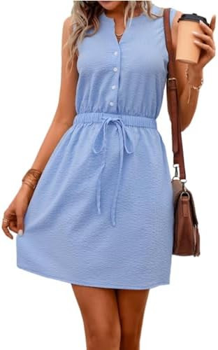 LIGHT DOT Women's Summer Tie Waist Casual Dress Sleeveless Mini Sundress Drawstring A Line Flared | Amazon (US)